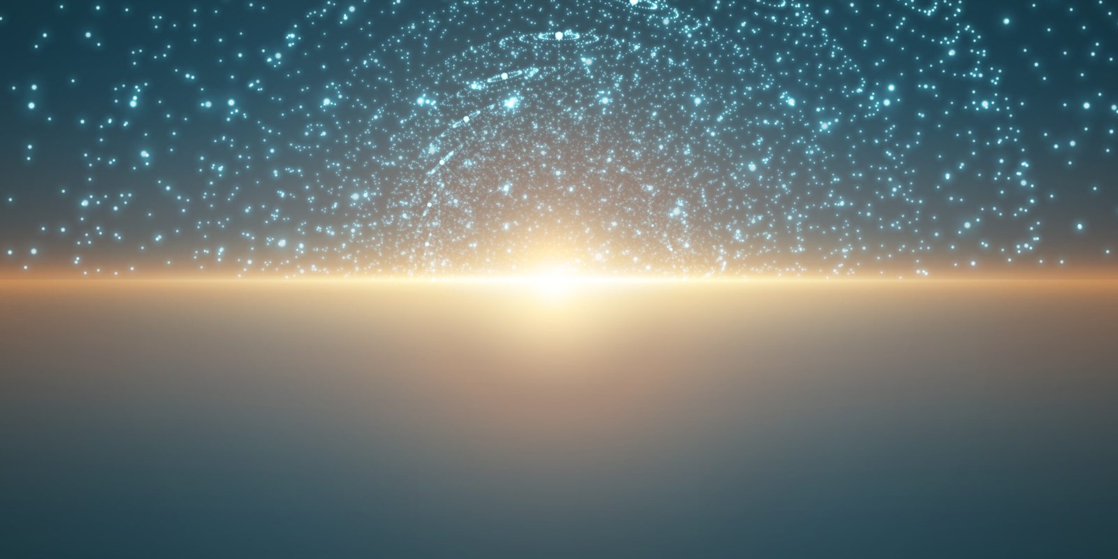 Vector infinite space background. Matrix of glowing stars with illusion of depth and perspective. Abstract cyber fiery sunrise over sea. Abstract futuristic universe on light blue background.